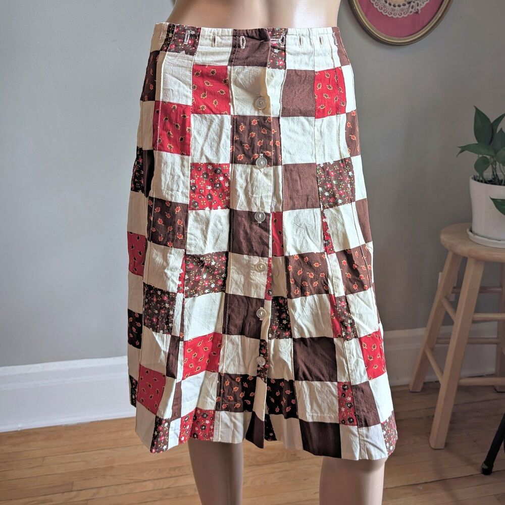Vintage 1970s SiSi Midi Skirt Quilted Patchwork Floral Prairie Cottagecore Large - Picture 2 of 11